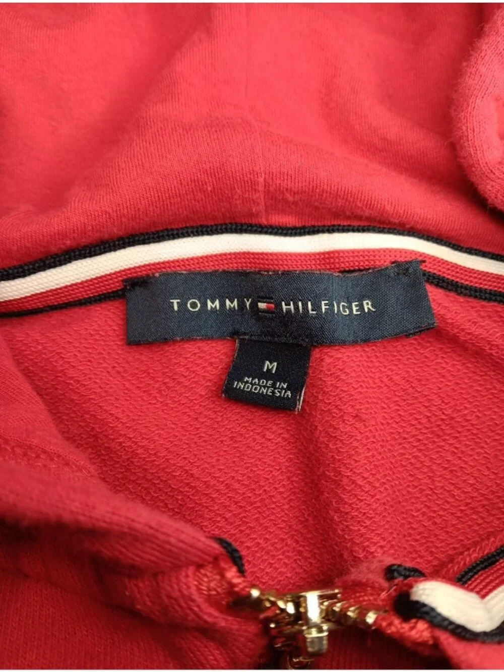 Tommy Hilfiger Hoodie Women M Red Sweatshirt Jacket Full Zip Red Gold Spellout